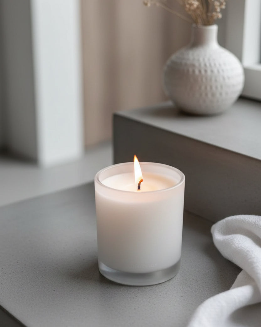 Widdop & Co Naturals luxury glass lidded candle with Neroli and Amber Wood scent, featuring a clear glass container and a lit wick.