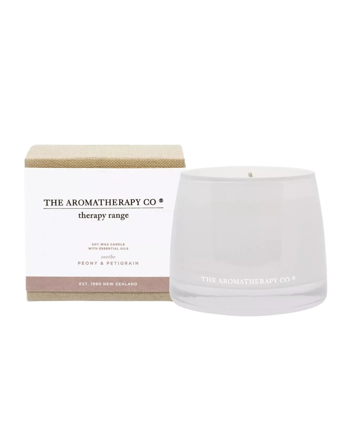 Widdop & Co Aromatherapy Candle Company Soothe candle with petigrain and peony scent, in a glass container.