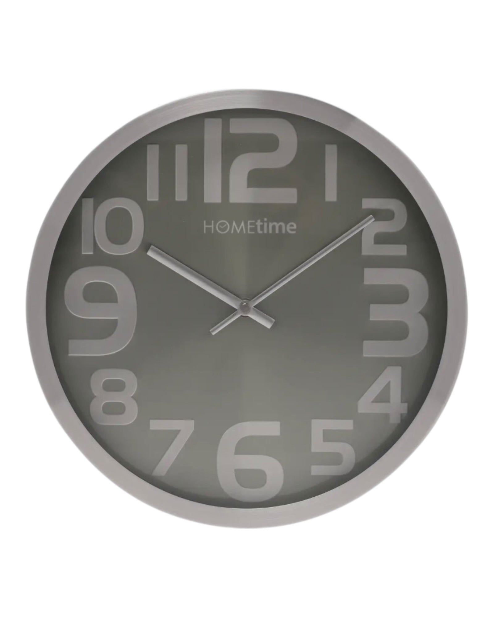 Metallic silver round wall clock by Widdop & Co with black hour and minute hands, sleek modern design for home decor.
