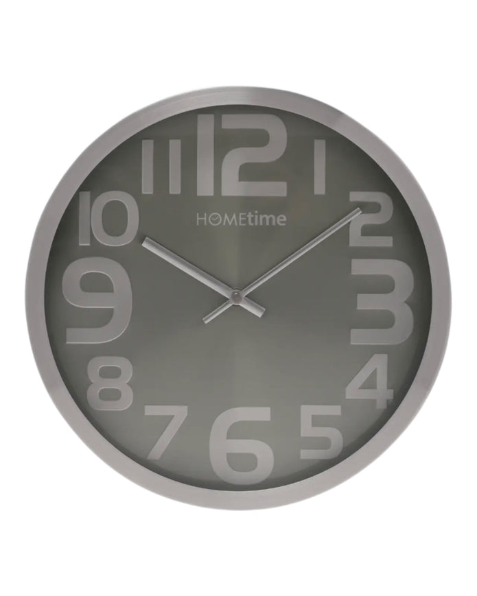 Metallic silver round wall clock by Widdop & Co with black hour and minute hands, sleek modern design for home decor.