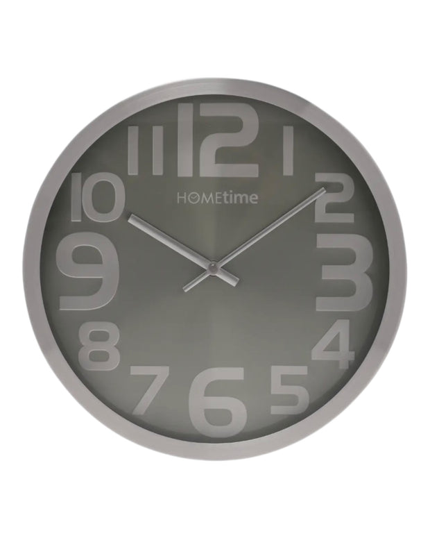Metallic silver round wall clock by Widdop & Co with black hour and minute hands, sleek modern design for home decor.