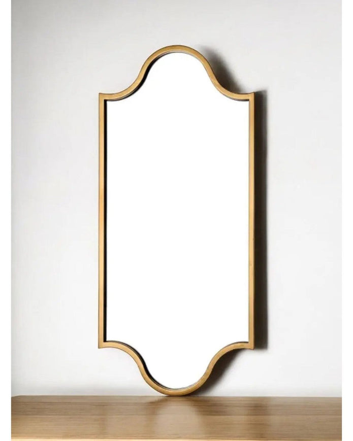Brass coloured long Moroccan style mirror with intricate metal frame, ideal as decorative wall furniture piece.