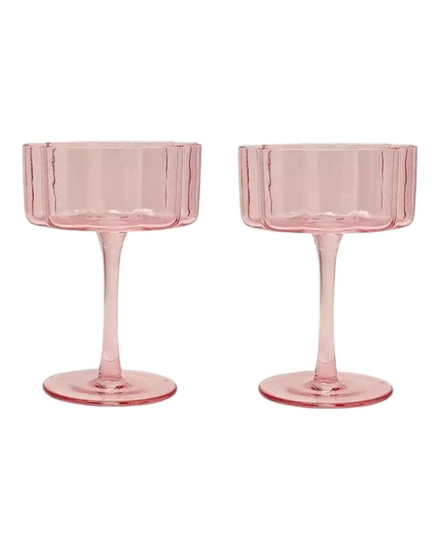 Set of two blush pink scalloped martini glasses by Widdop & Co, elegant home decor for stylish drink presentation.