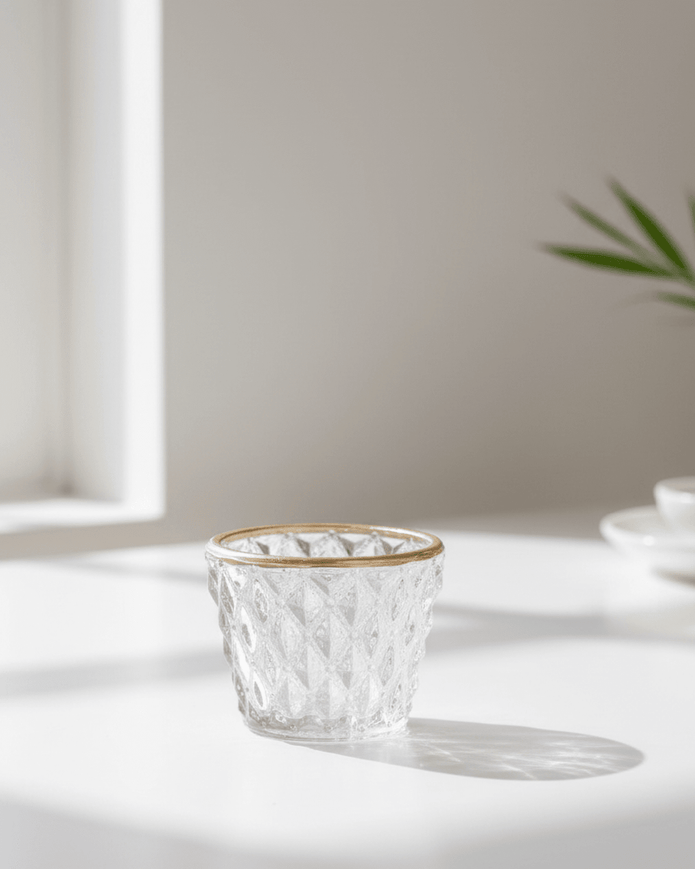 Clear glass votive candle holders by Widdop & Co, elegant home decor accents for candles on tables or shelves.
