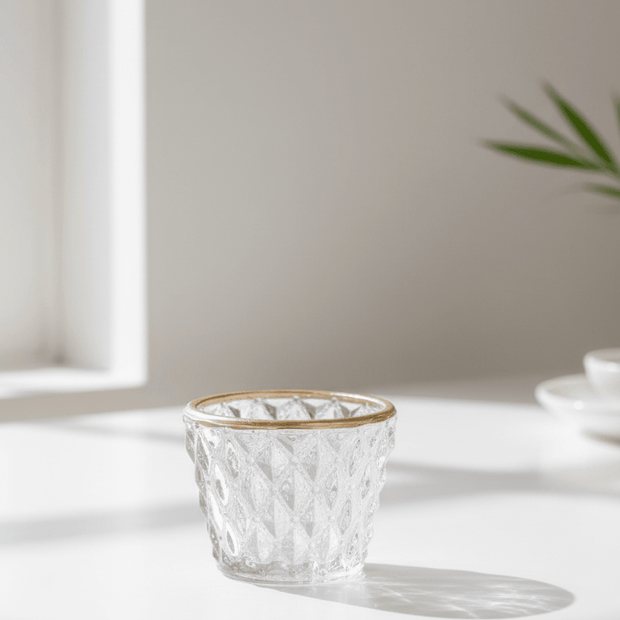 Clear glass votive candle holders by Widdop & Co, elegant home decor accents for candles on tables or shelves.