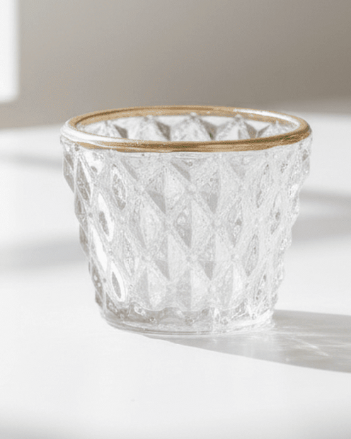 Glass Votive Candle Holders, clear faceted glass votive holder with a gold-coloured rim