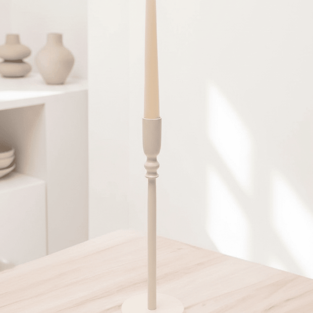 Slim white metal candlestick holder for home decor by Widdop & Co, showcasing a sleek and modern design.