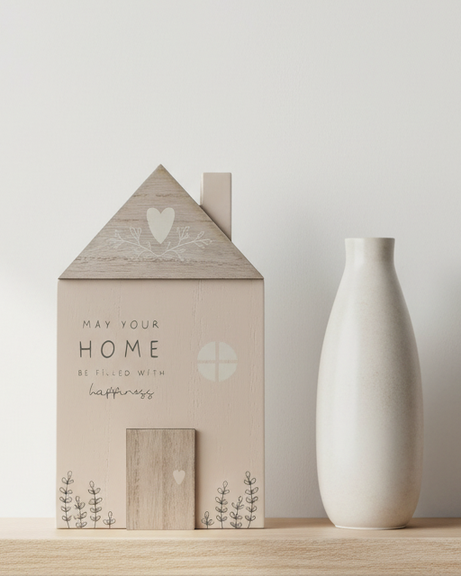 Beige wooden house decor from Widdop & Co, designed for kitchen and dining spaces, with a joyful message for home happiness