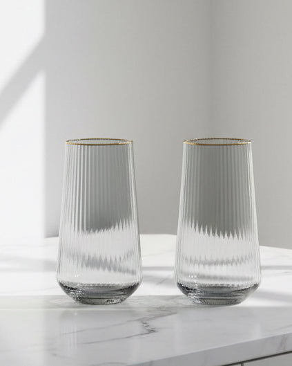 Set of two grey high ball glasses with gold rims by Widdop & Co, ideal for stylish kitchen and dining use.