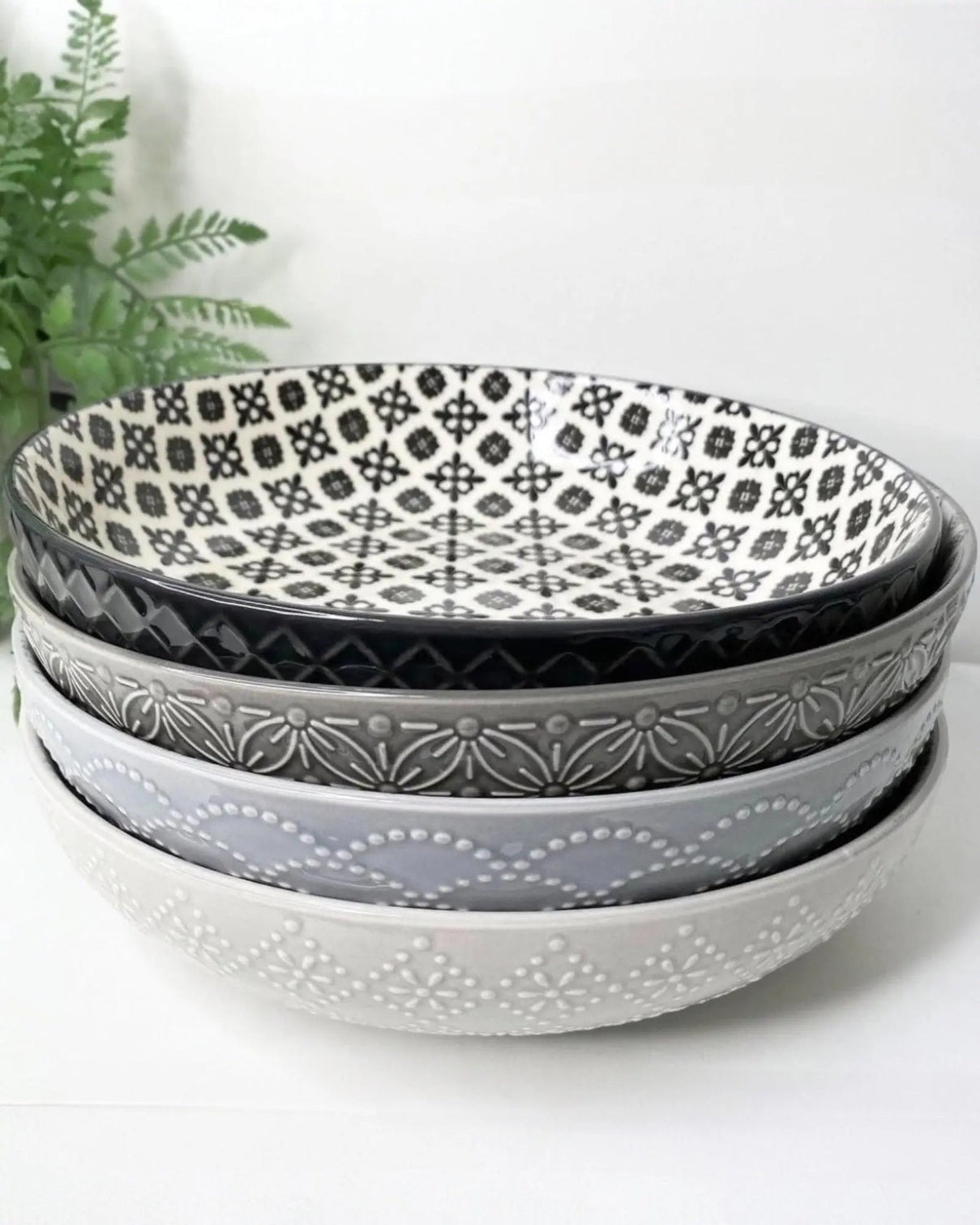 Set of four Widdop & Co Nordic monochrome patterned pasta bowls for kitchen and dining use.