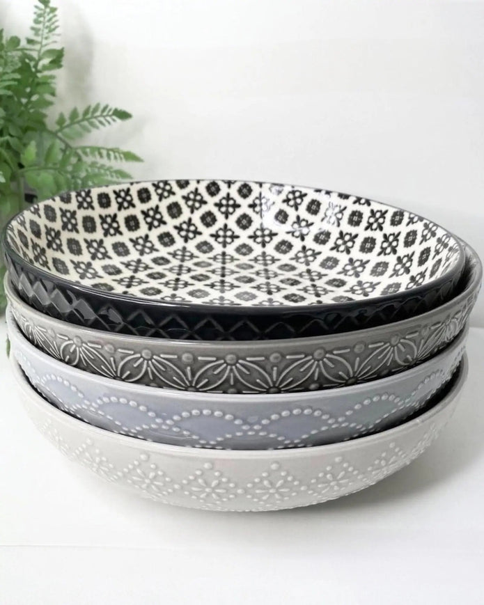 Set of four Widdop & Co Nordic monochrome patterned pasta bowls for kitchen and dining use.