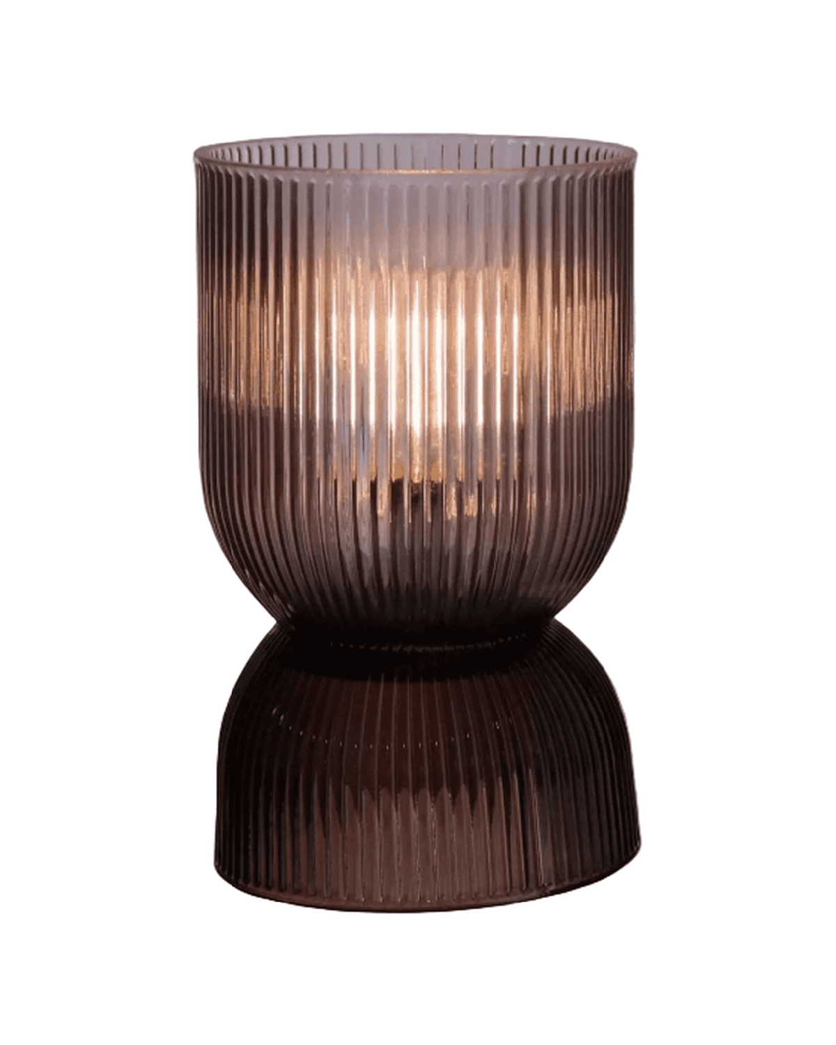 Brown curved LED glass lamp by Widdop & Co, illuminated with a warm glow, designed for stylish lighting decor.