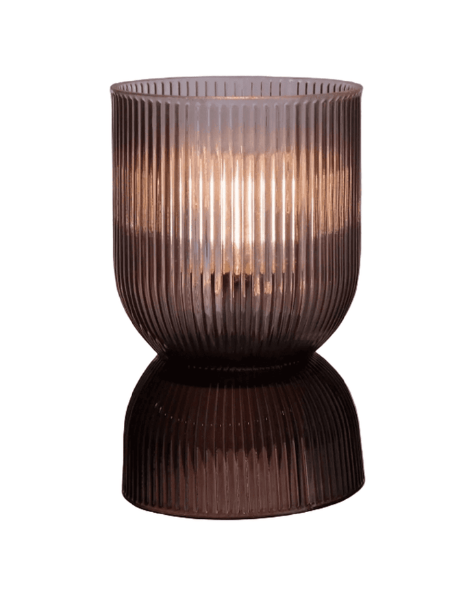 Brown curved LED glass lamp by Widdop & Co, illuminated with a warm glow, designed for stylish lighting decor.