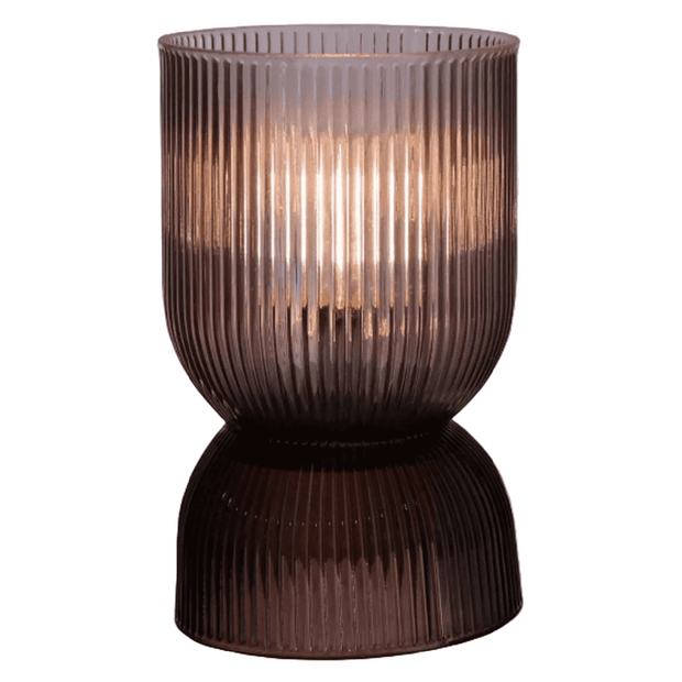 Brown curved LED glass lamp by Widdop & Co, illuminated with a warm glow, designed for stylish lighting decor.