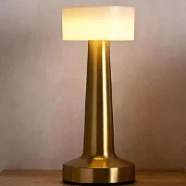 Widdop & Co LED bronze touch lamp with flat white glass shade, modern lighting fixture with a sleek design.