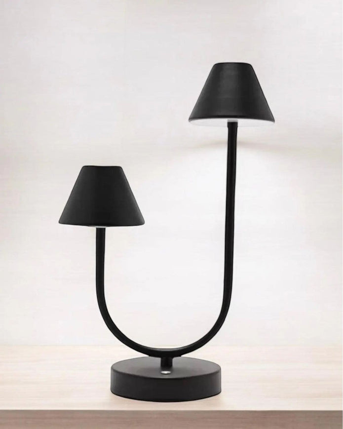 Black LED double touch desk lamp by Widdop & Co with modern design and adjustable lighting for workspace illumination.