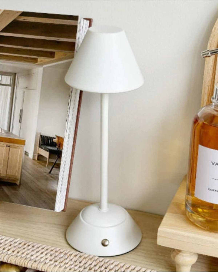 Widdop & Co LED touch desk lamp with white shade, medium size, providing adjustable lighting for workspace or bedside.