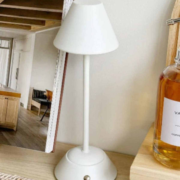 Widdop & Co LED touch desk lamp with white shade, medium size, providing adjustable lighting for workspace or bedside.