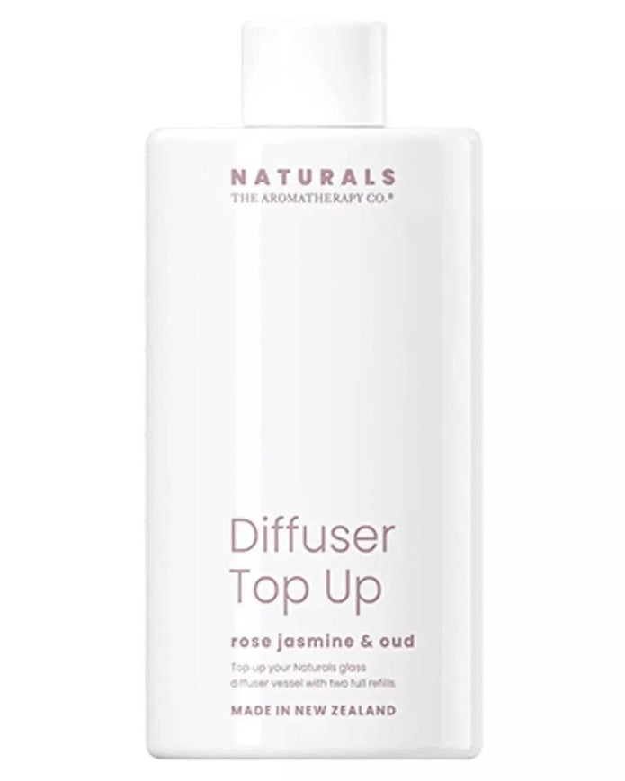 Widdop & Co Naturals Luxury Reed Diffuser Refill with Rose, Jasmine, and Oud scent, featuring a sleek diffuser bottle and reeds.
