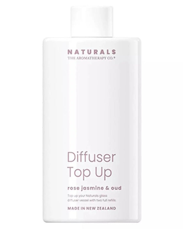 Widdop & Co Naturals Luxury Reed Diffuser Refill with Rose, Jasmine, and Oud scent, featuring a sleek diffuser bottle and reeds.