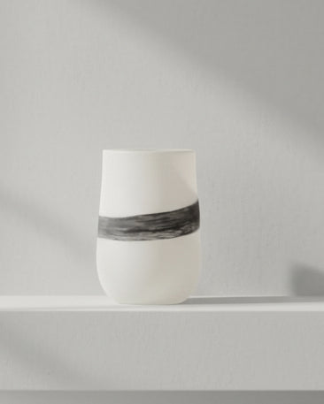 White glass vase with a black band, decorative Widdop & Co vase for floral arrangements or home decor.