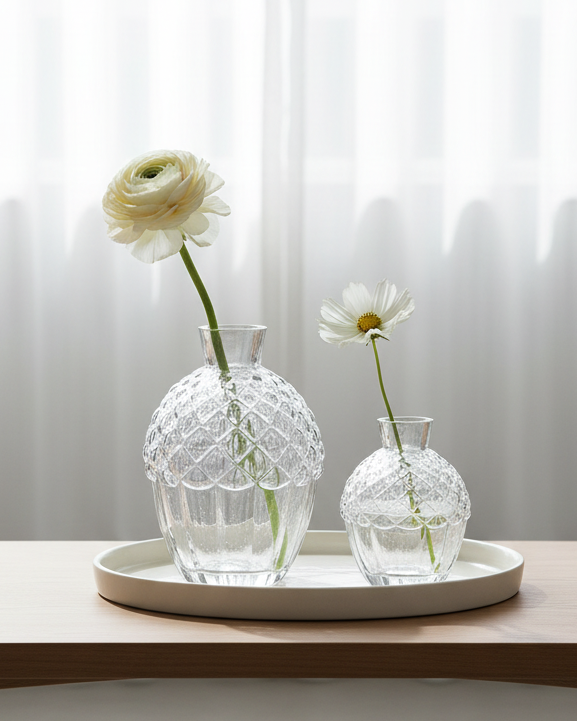 Set of two clear glass acorn vases by Wikholmform, perfect for Christmas decor, with intricate acorn shape and transparency.
