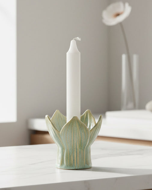 Green Tulip Ceramic Candle Holder by Wikholmform, a stylish home decor piece with a tulip design and glossy ceramic finish.