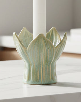 Green Tulip Ceramic Candle Holder by Wikholmform, a stylish home decor piece with a tulip design and smooth ceramic finish.