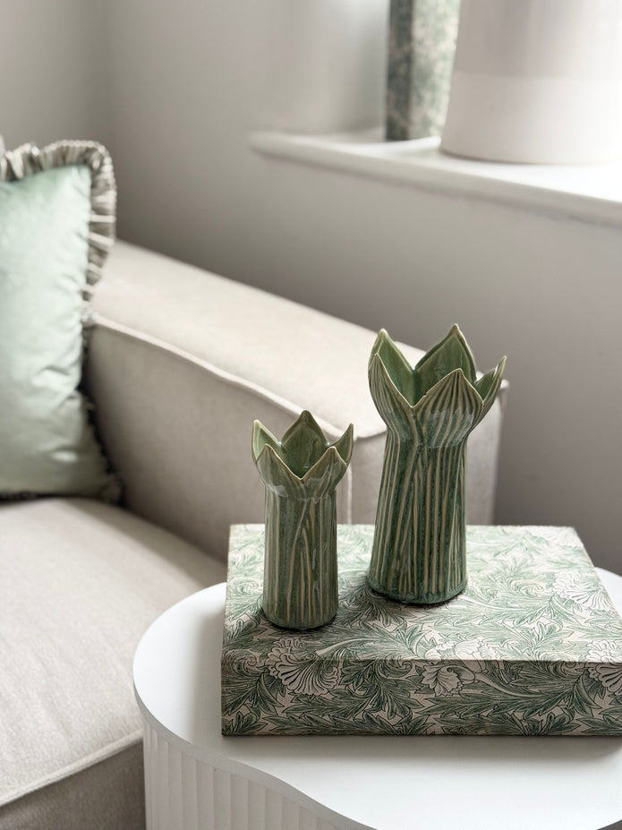 Set of two green Tulip Slim ceramic vases by Wikholmform, modern home decor with sleek, tapered design for floral arrangements.