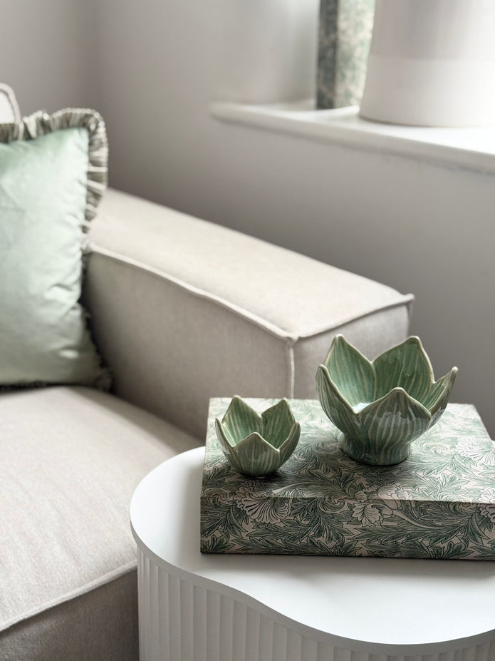 Set of two green Tulip small ceramic dishes by Wikholmform, perfect as elegant home decor accents.