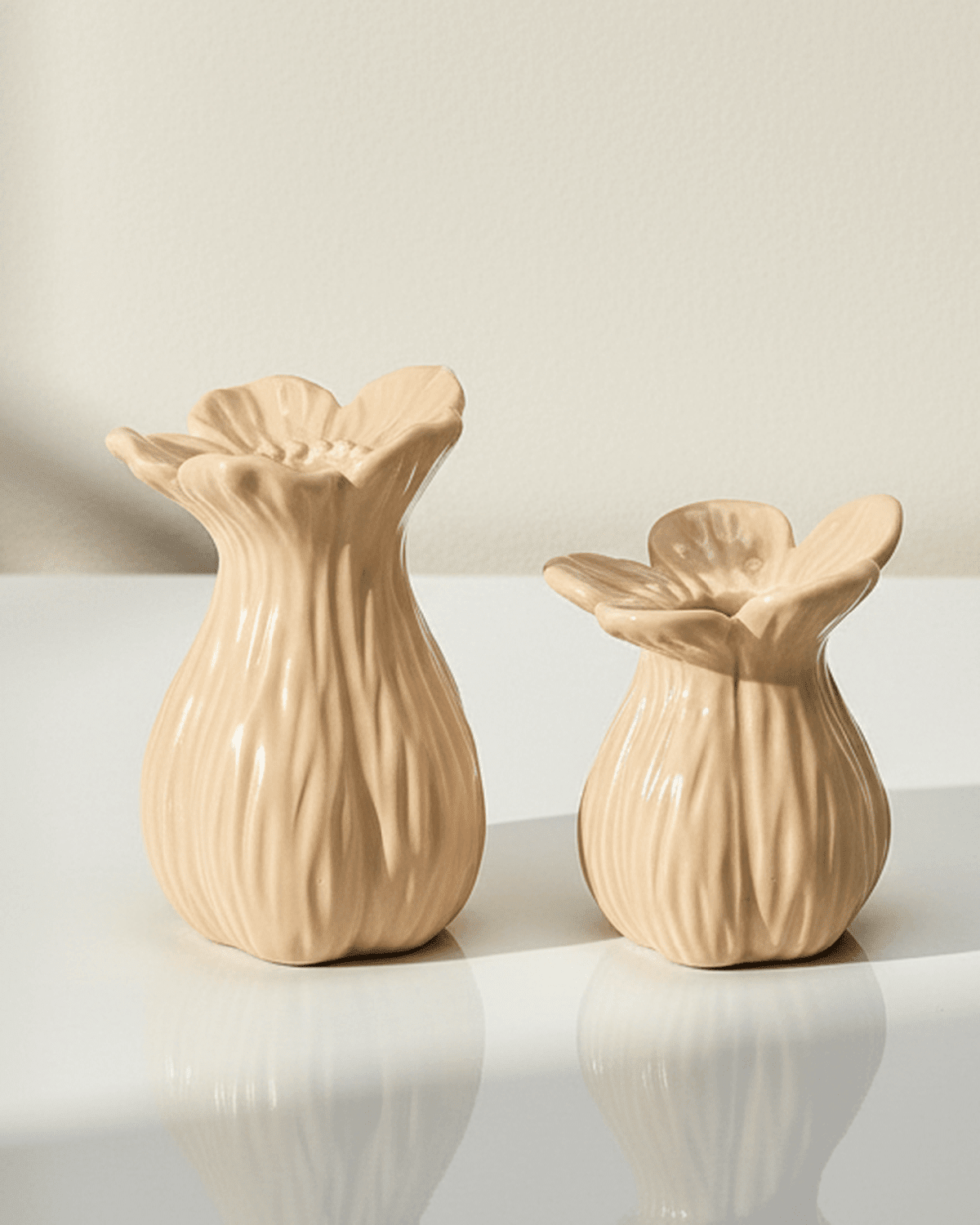Pair of Ingrid beige mini vases by Wikholmform, stylish home décor with small, elegant ceramic vases for floral arrangements.