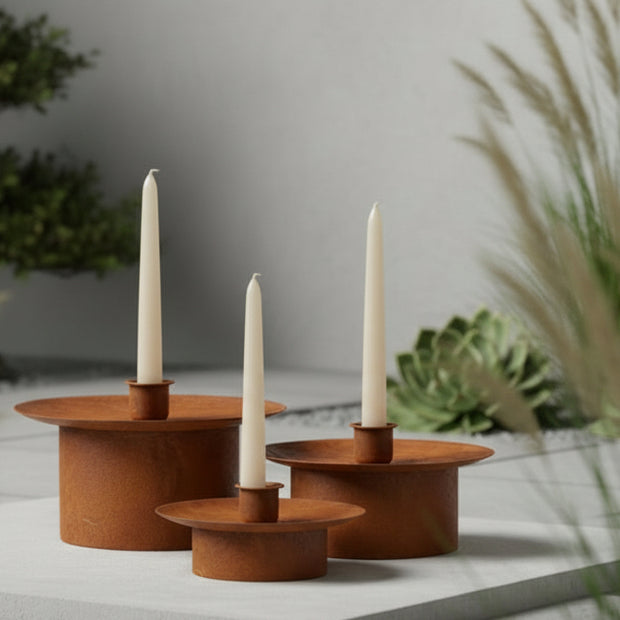 Set of three large rusty metal dinner candlestick holders, rustic home decor by Wikholmform.