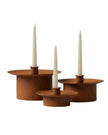 Set of 3 large rusty metal dinner candlestick holders for home décor, featuring vintage, industrial-style design.