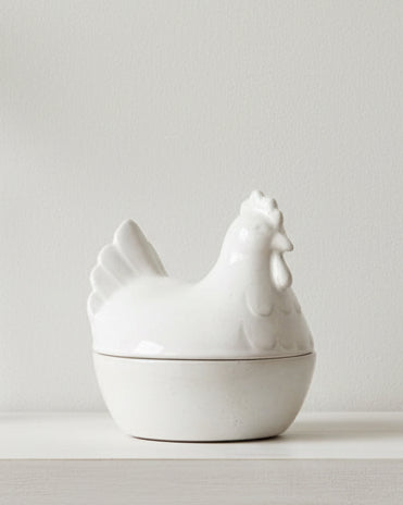 White ceramic hen egg holder with lid for kitchen and dining, by Wikholmform, featuring a charming hen design.