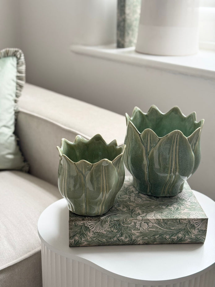 Small green ceramic Leslie Tulip Pot by Wikholmform, perfect for spring floral displays and decorative plant arrangements.