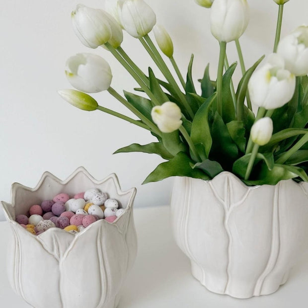 Small white ceramic Leslie Tulip Pot by Wikholmform, perfect for spring floral arrangements or decorative plants.
