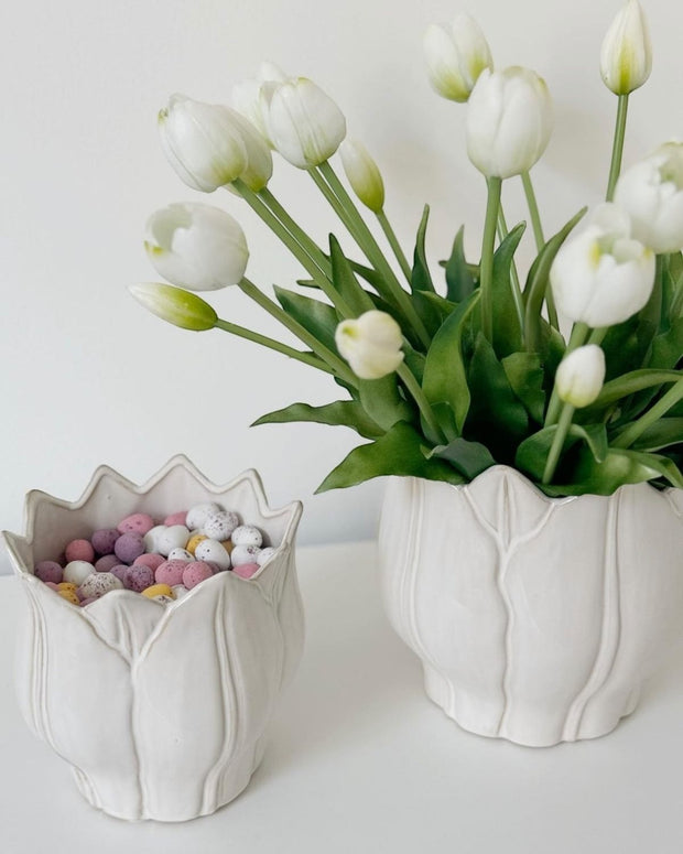 Bunch of 5 white artificial tulip stems from Starlight Express, displayed in a small ceramic pot for spring decoration.