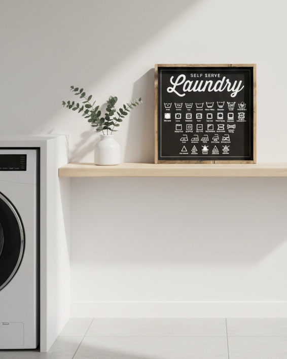 Large black framed Williamraedesigns laundry symbols sign for home decor, featuring essential laundry care icons.
