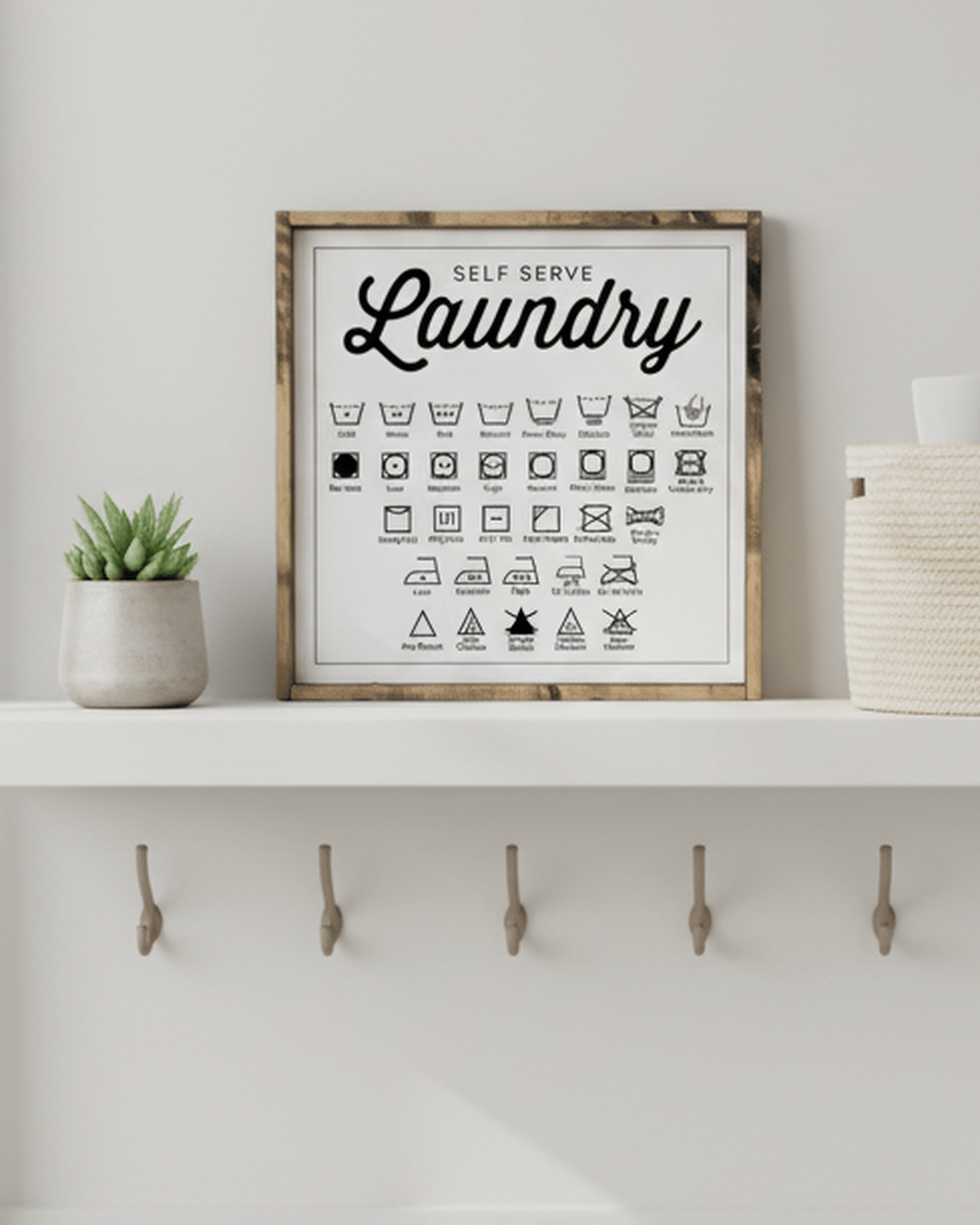 Large white framed sign with laundry symbols, home decor by Williamraedesigns, featuring clear illustrations of laundry care instructions.