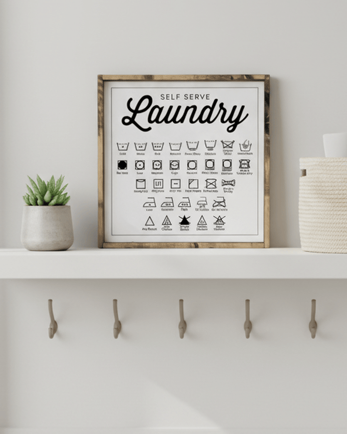Large white framed sign with laundry symbols, home decor by Williamraedesigns, featuring clear illustrations of laundry care instructions.