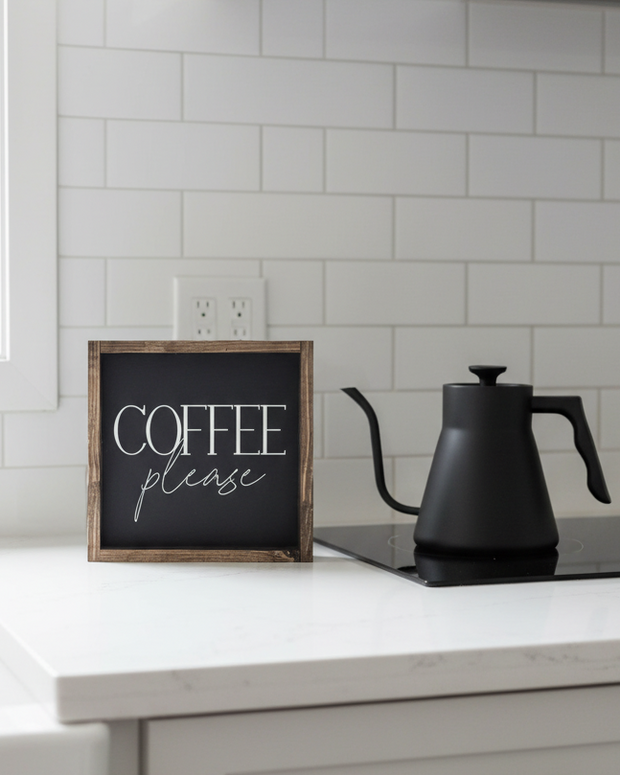 Small black framed sign with "Coffee Please" text, handmade home decor by Williamraedesigns, perfect for kitchen or coffee nook.