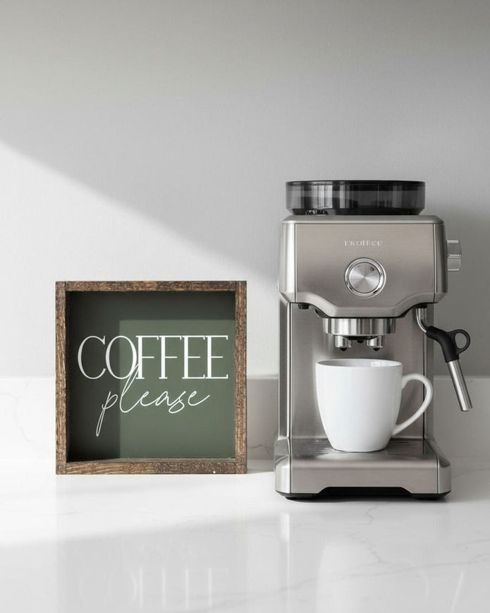 Small olive green framed sign from Williamraedesigns with "Coffee Please" message, ideal for home decor.
