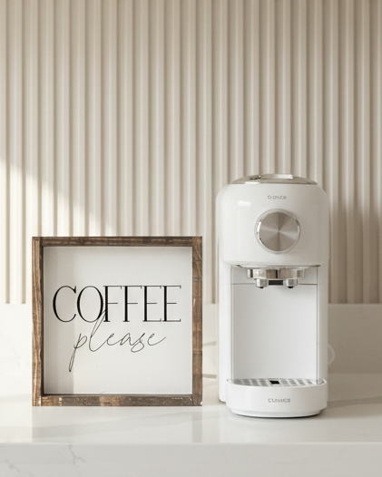 Small white framed Williamraedesigns home decor sign with "Coffee Please" text, perfect for kitchen or coffee nook decoration.
