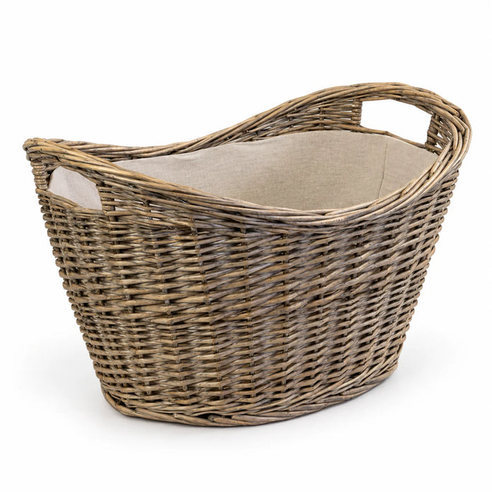 Willow oval scooped log basket with hessian liner against white