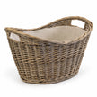 Willow oval scooped log basket with hessian liner against white
