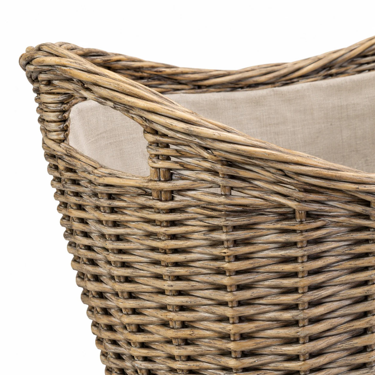 Close-up of the woven willow basket handle and hessian liner