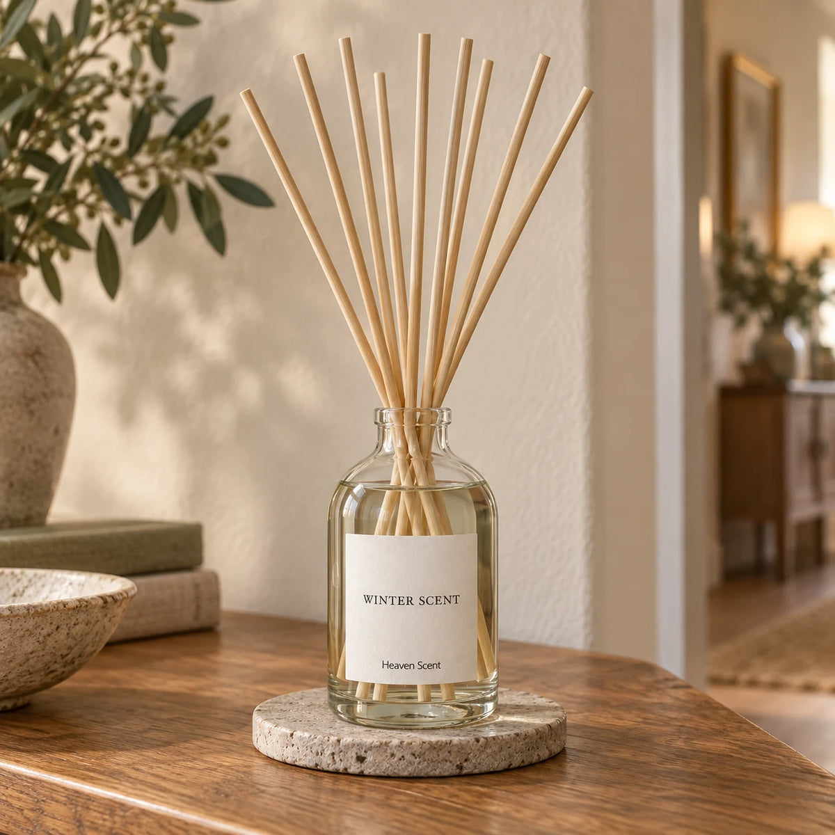 Winter Scent Medium Reed Diffuser by Heaven Scent Incense Ltd with decorative reeds and winter-themed packaging.