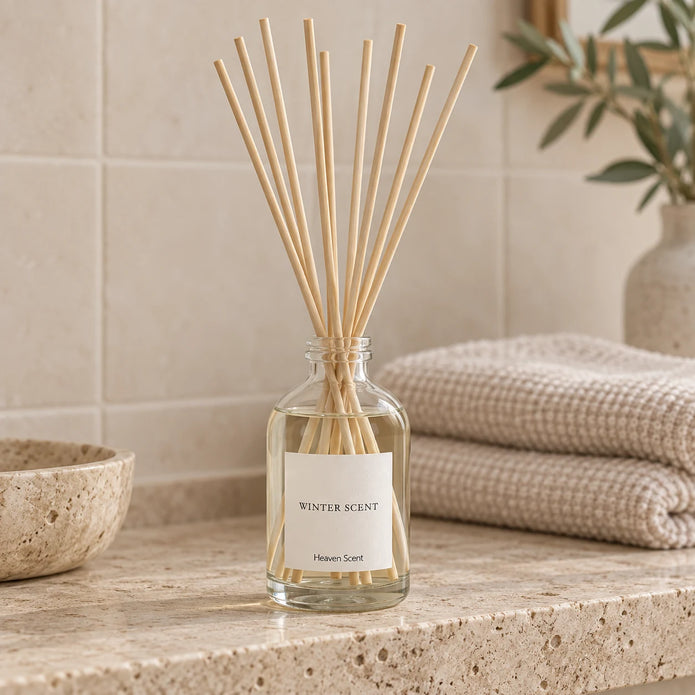 Winter Scent Medium Reed Diffuser by Heaven Scent Incense Ltd in a styled room with glass bottle and reed sticks for fresh winter aroma.