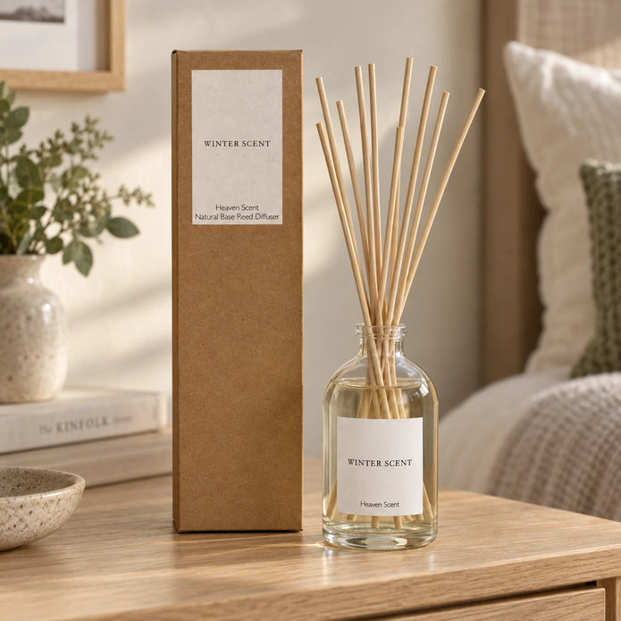 Winter Scent Medium Reed Diffuser by Heaven Scent Incense Ltd featuring a stylish glass bottle and natural reed sticks for home fragrance.
