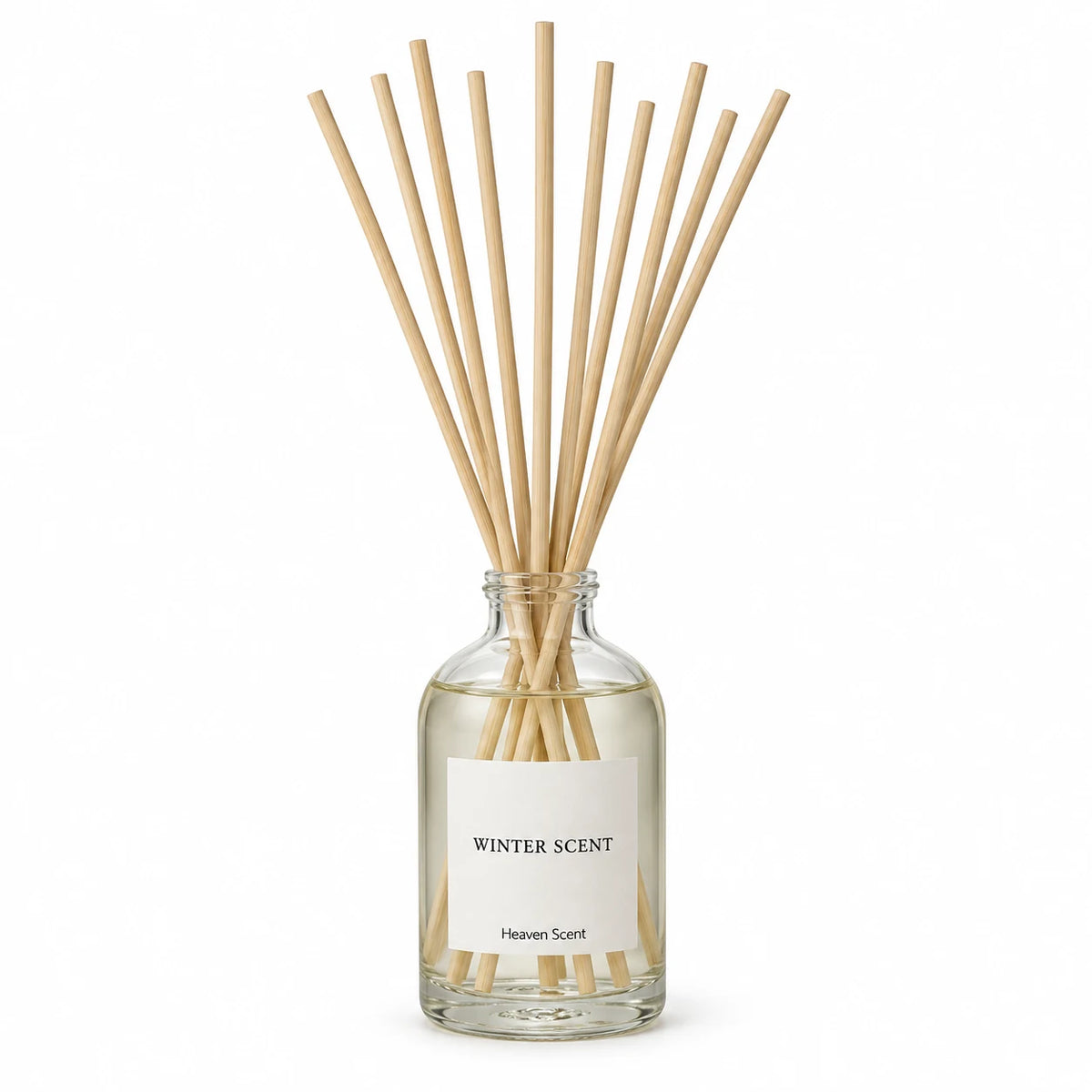 White Winter Scent Medium Reed Diffuser by Heaven Scent Incense Ltd with elegant reeds in a modern studio setting.
